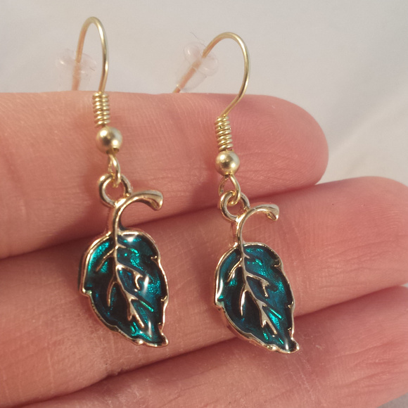 Gold Blue Leaf Earrings Hypoallergenic Hooks! - Picture 2 of 2